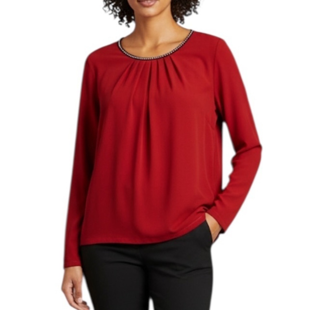 Karl Lagerfeld Classic Embellished Round Neckline Long Sleeve Blouse Large Red